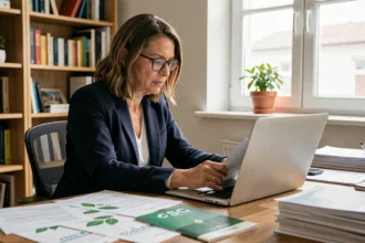 Femme française consultant des documents d'investissement responsable et ESG à son bureau à domicile