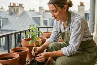 Femme jardinant sur un balcon parisien avec des pots en terre cuite et des plants de tomates, jardinage urbain