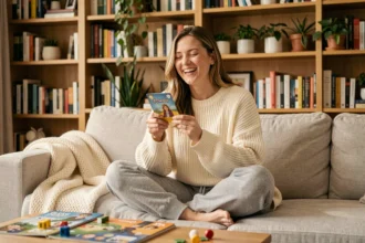 Femme souriante jouant à un jeu de société dans son salon cosy pour se distraire à la maison