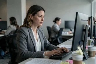Femme épuisée et démotivée devant son ordinateur dans un open space, illustrant le mal-être au travail