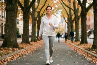 Femme d'une quarantaine d'années marchant d'un pas vif sur une allée bordée d'arbres en automne pour sa santé quotidienne