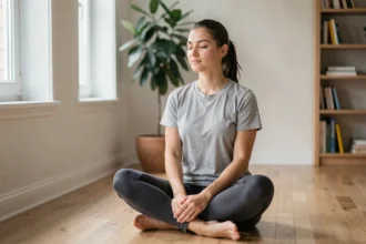 Femme méditant 5 minutes par jour assise en tailleur sur un plancher en bois dans un appartement minimaliste