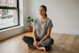 Femme en méditation assise en tailleur sur un parquet en bois dans un salon minimaliste, les yeux fermés et les mains posées sur les genoux