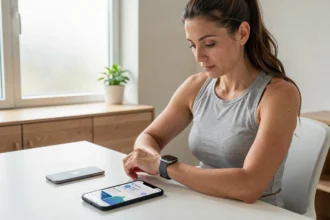 Femme consultant une application de santé sur sa montre connectée et son smartphone au bureau