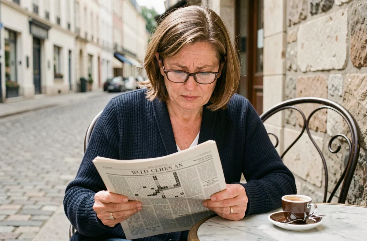 Femme française concentrée sur une grille de mots fléchés en terrasse de café dans une ville de province
