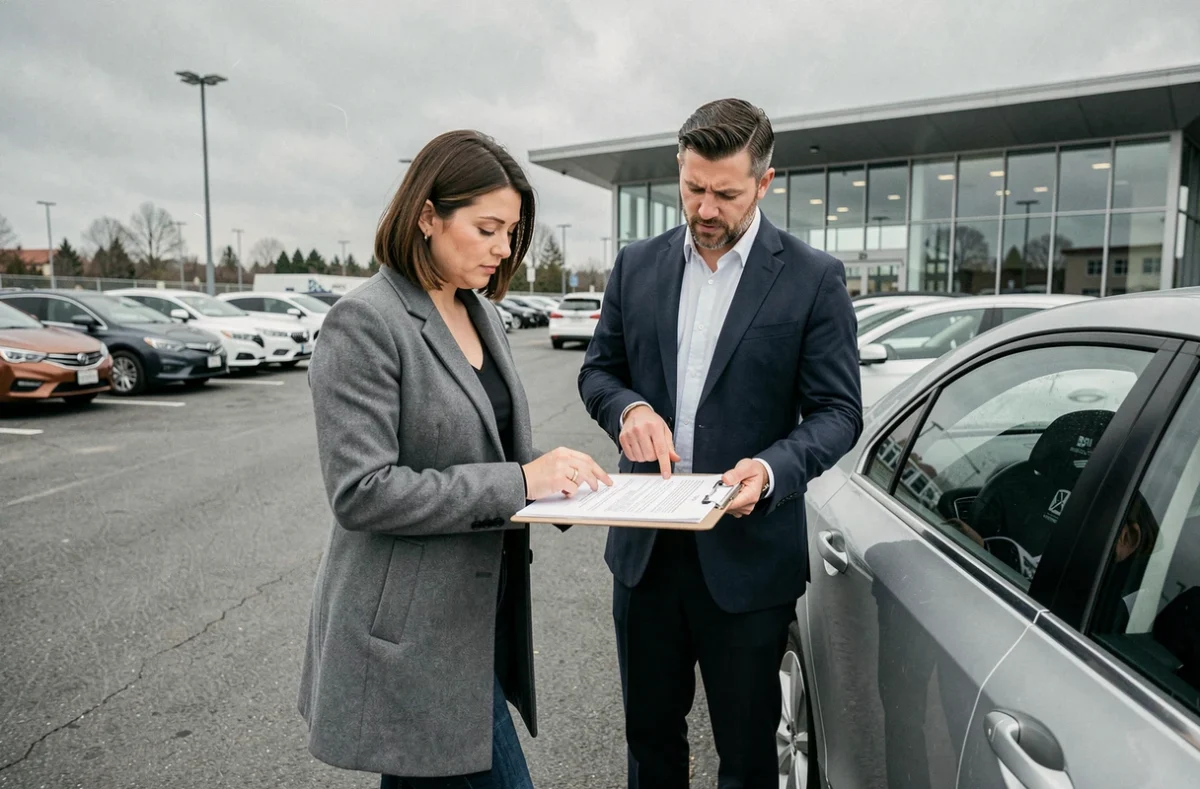 Une femme examine un contrat d'achat automobile avec un vendeur dans un parking de concession