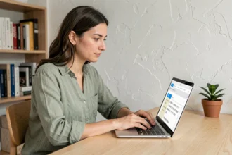 Femme utilisant un outil de traduction en ligne sur un ordinateur portable dans un bureau moderne