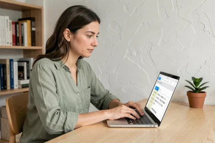 Femme utilisant un outil de traduction en ligne sur un ordinateur portable dans un bureau moderne