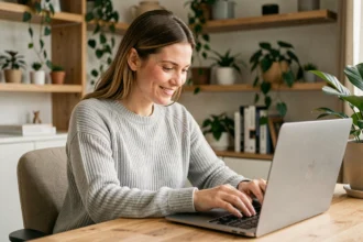 Femme utilisant un ordinateur portable pour partager des photos via une solution de stockage cloud depuis son bureau à domicile