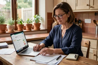 Femme de 40 ans qui consulte des documents financiers sur la table de sa cuisine pour placer un petit héritage