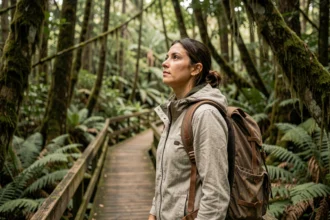 Femme randonneuse sur un sentier en bois au cœur d'une forêt tropicale dans une ville écotouristique