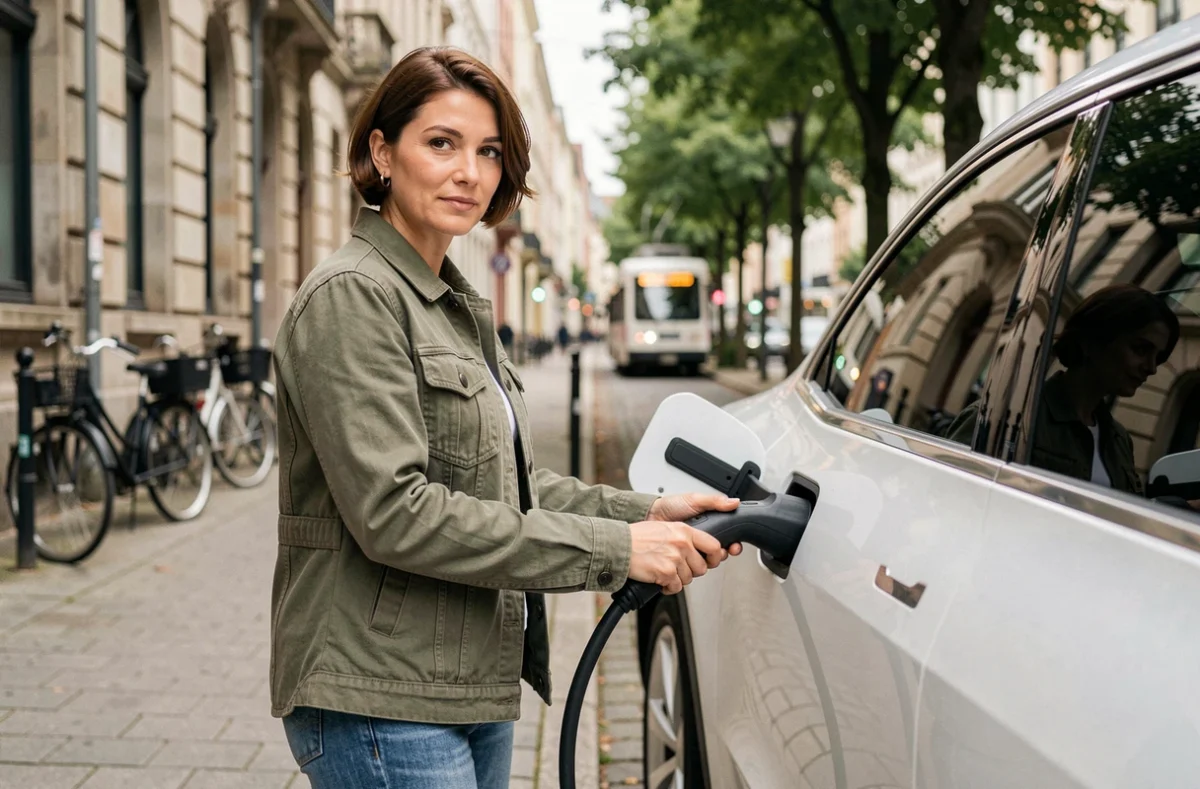Femme branchant un câble de recharge sur un SUV électrique dans une rue urbaine européenne, symbolisant la transition du diesel vers l'électrique