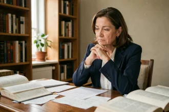 Femme pensive assise à un bureau en bois entouré de livres et de notes, réfléchissant à une décision éthique complexe
