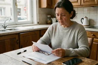 Femme consultant un relevé bancaire à domicile face à une hausse des frais bancaires