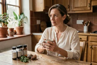 Femme sereine buvant une tisane entourée de remèdes homéopathiques naturels dans une cuisine chaleureuse