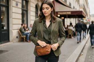 Femme citadine portant un sac banane en cuir cognac autour de la taille dans une rue parisienne animée