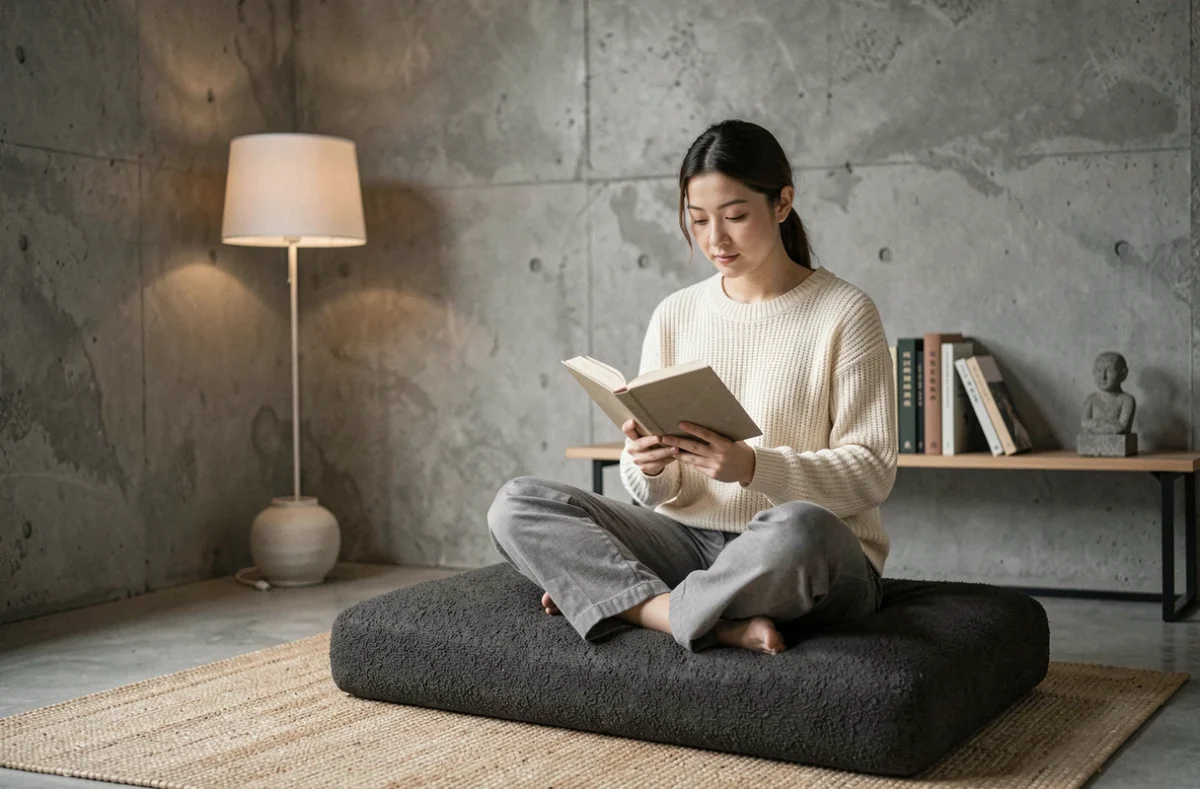 Femme lisant dans un salon épuré de style wabi-sabi japonais avec canapé en bouclé gris et mur en béton brut
