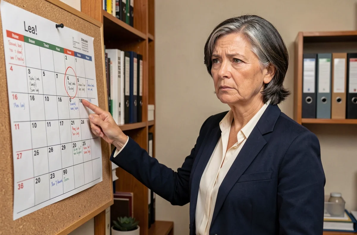 Femme senior en blazer marine pointant un calendrier dans un bureau à domicile, réfléchissant à sa date de départ en retraite
