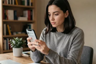 Femme tenant un smartphone Android affichant une notification de mise à jour du système dans un bureau à domicile moderne