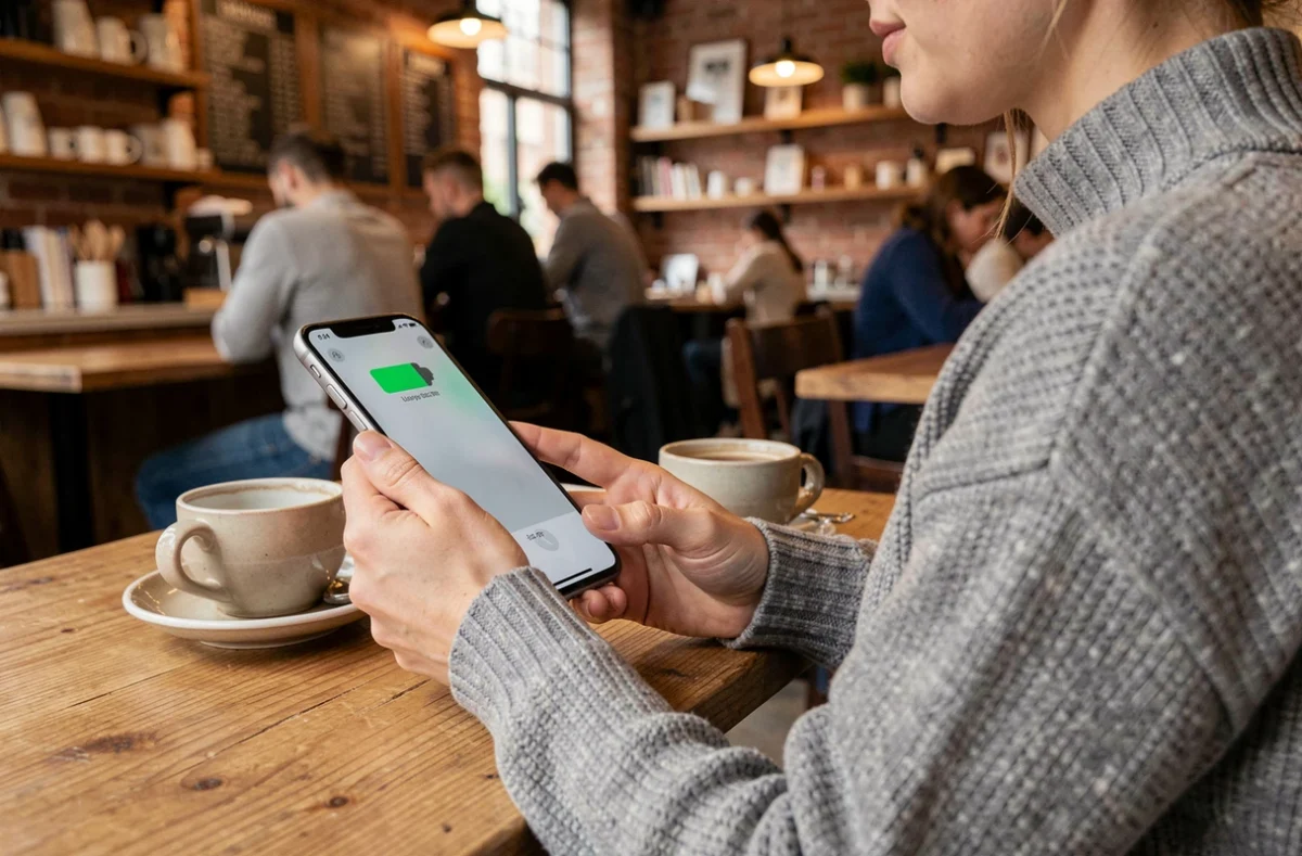 Femme utilisant un smartphone à longue autonomie dans un café urbain grâce aux nouvelles batteries solides