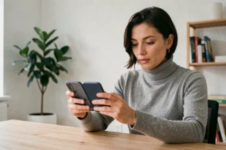 Une femme utilisant un smartphone pliable déplié dans un bureau moderne à domicile