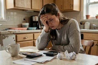 Femme stressée assise à une table de cuisine encombrée de factures impayées et de calculatrice, illustrant les difficultés de gestion des finances personnelles