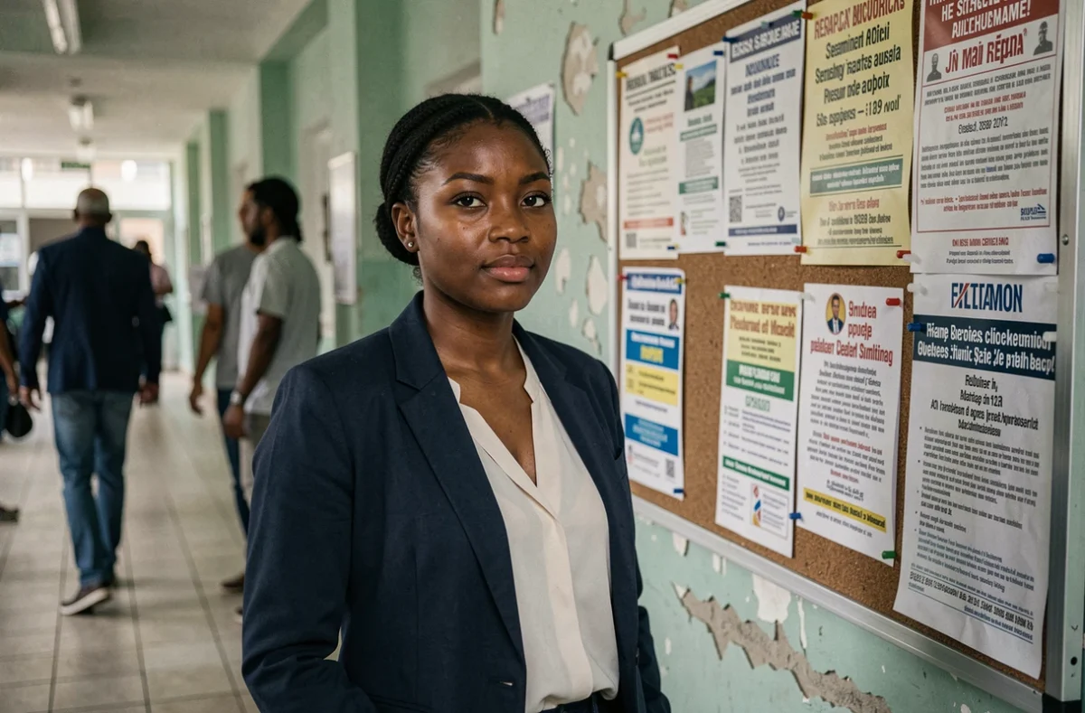 Jeune femme devant un tableau d'affichage communautaire proposant des ressources sociales et des offres d'emploi en milieu urbain