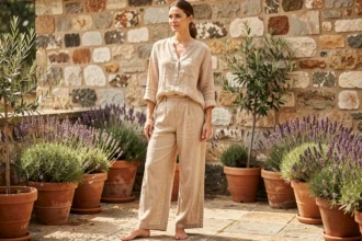 Femme portant une tenue en lin naturel couleur avoine sur une terrasse en pierre entourée de plantes méditerranéennes