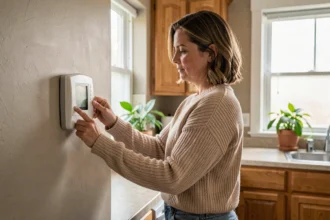 Femme réglant un thermostat programmable pour réduire sa consommation d'énergie à la maison
