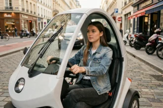 Jeune femme conduisant une voiture sans permis électrique dans une rue animée de Paris