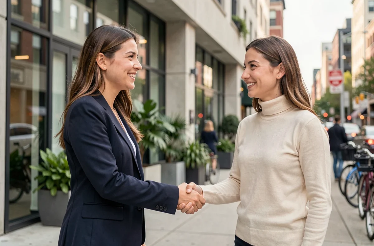 Deux jeunes femmes entrepreneures se serrant la main devant un incubateur d'entreprises urbain, symbolisant les partenariats locaux