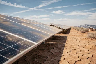 Vaste ferme solaire dans un désert illustrant l'énergie solaire comme source d'énergie puissante et renouvelable