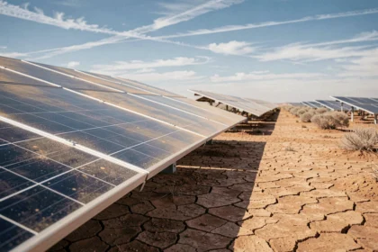 Vaste ferme solaire dans un désert illustrant l'énergie solaire comme source d'énergie puissante et renouvelable