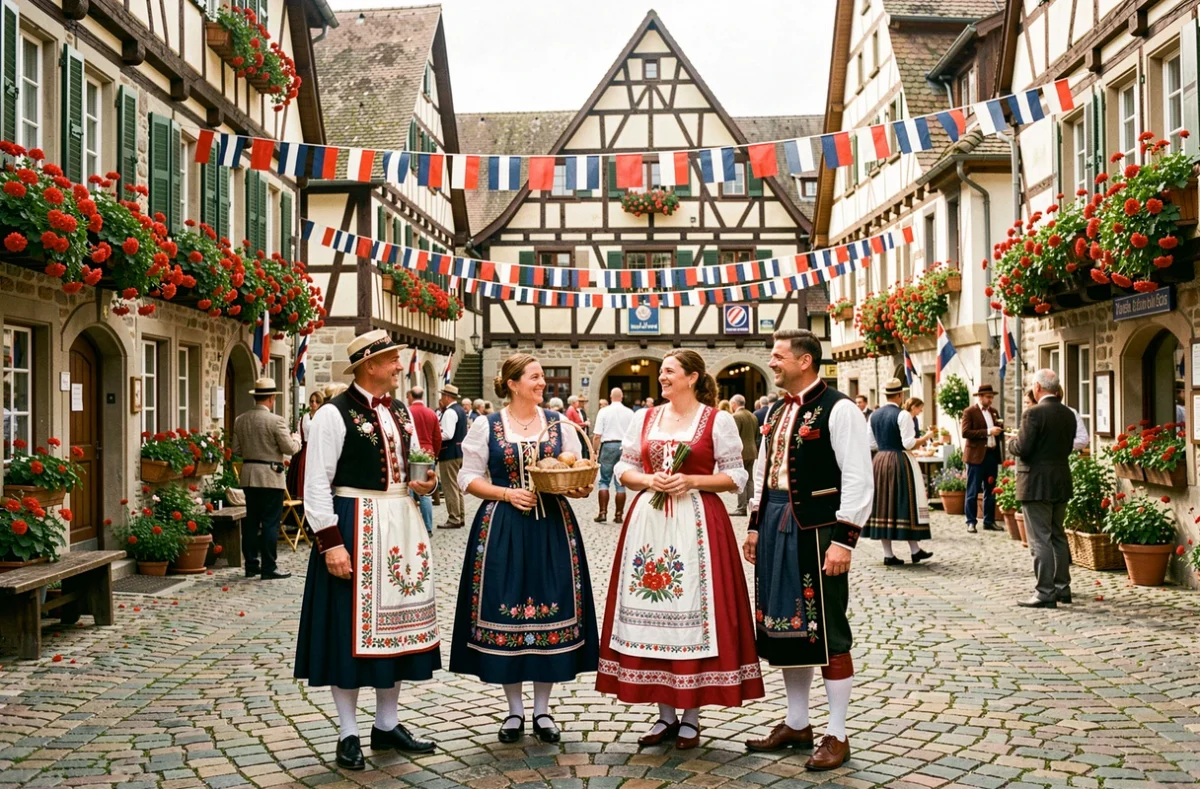 Groupe de personnes en costume régional alsacien célébrant le 14 juillet dans un village avec des drapeaux tricolores