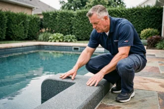 Technicien inspectant la finition en béton projeté d'une piscine résidentielle durable