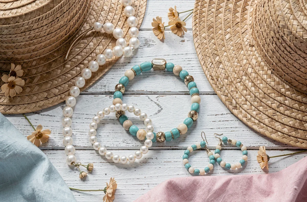 Flat-lay d'accessoires en perles pour l'été incluant un bracelet de cheville, un serre-tête et des boucles d'oreilles sur une surface en bois blanc