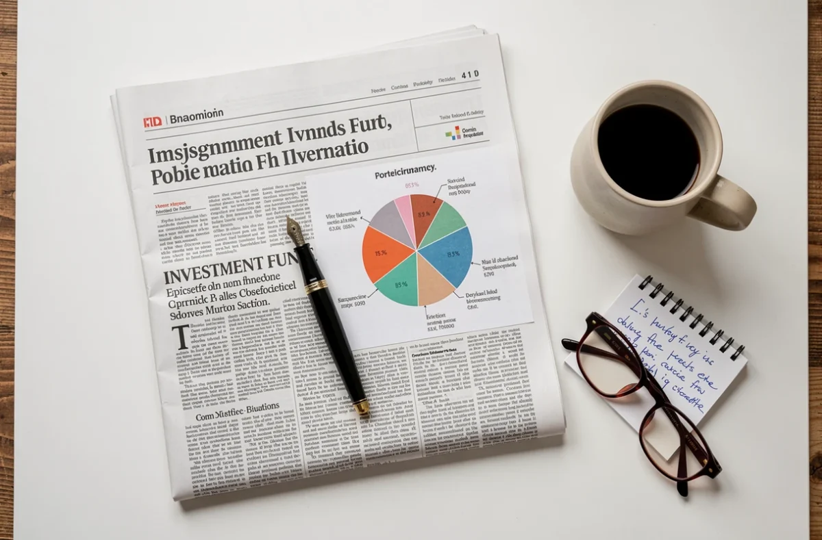 Vue aérienne d'un bureau avec journal financier et graphiques illustrant les fonds d'investissement
