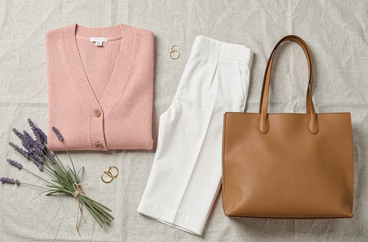 Flat lay éditorial d'un ensemble maille fine rose pâle avec accessoires de printemps sur fond lin
