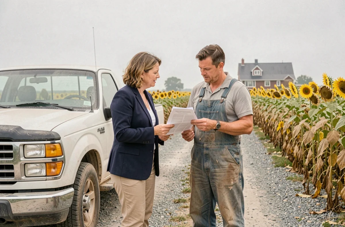 Fonctionnaire agricole et agriculteur discutant d'un plan d'aide face à la sécheresse dans un champ