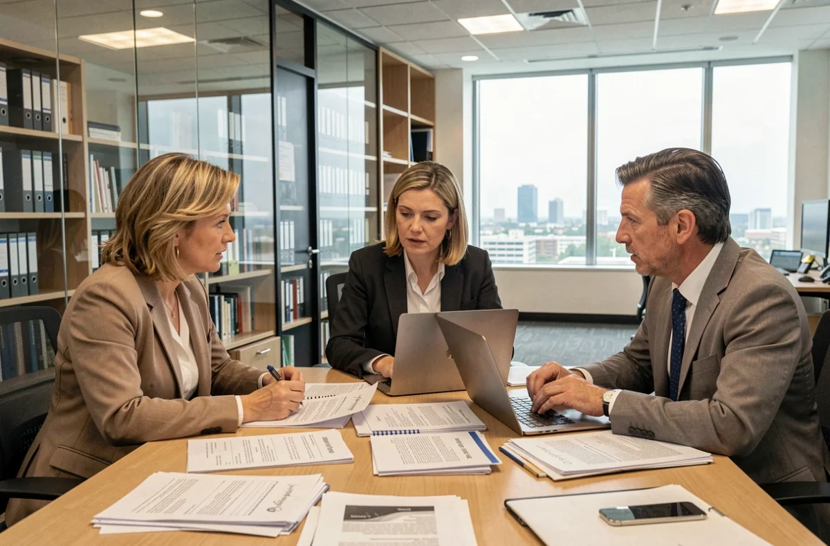 Fonctionnaires et conseillers étudiant les documents de la réforme du système de retraite autour d'une table de travail