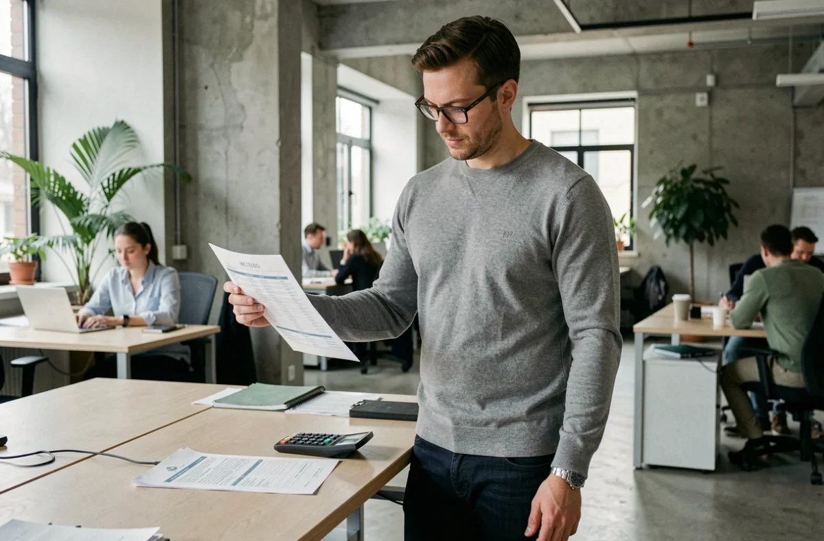 Freelance masculin analysant un résumé fiscal dans un espace de coworking moderne