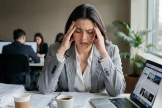 Jeune femme stressée au bureau, les mains sur les tempes, illustrant le stress générationnel au travail