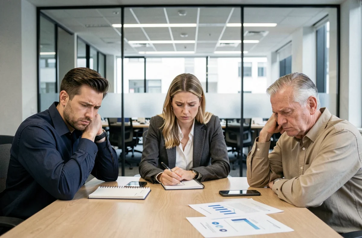 Groupe multigénérationnel en réunion montrant des signes de stress au travail, comparaison entre générations
