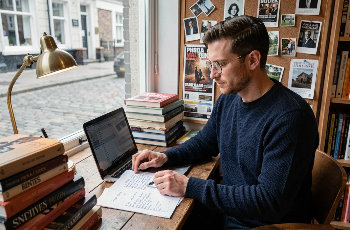 Gérant de librairie indépendante travaillant à son bureau encombré de livres près d'une vitrine