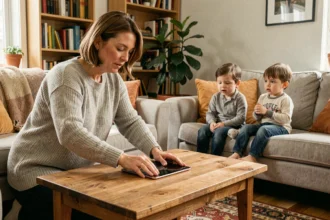 Mère posant une tablette sur une table basse pour limiter le temps d'écran de ses enfants dans un salon familial chaleureux