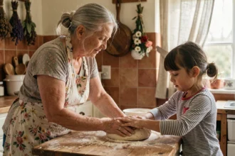 Grand-mère et petite-fille pétrissant du pain ensemble dans une cuisine familiale chaleureuse, transmission des valeurs et des traditions culinaires entre générations