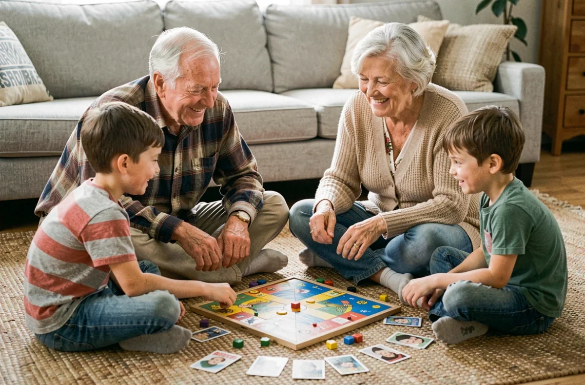 Grands-parents et petits-enfants jouant à un jeu de société par terre dans un salon confortable