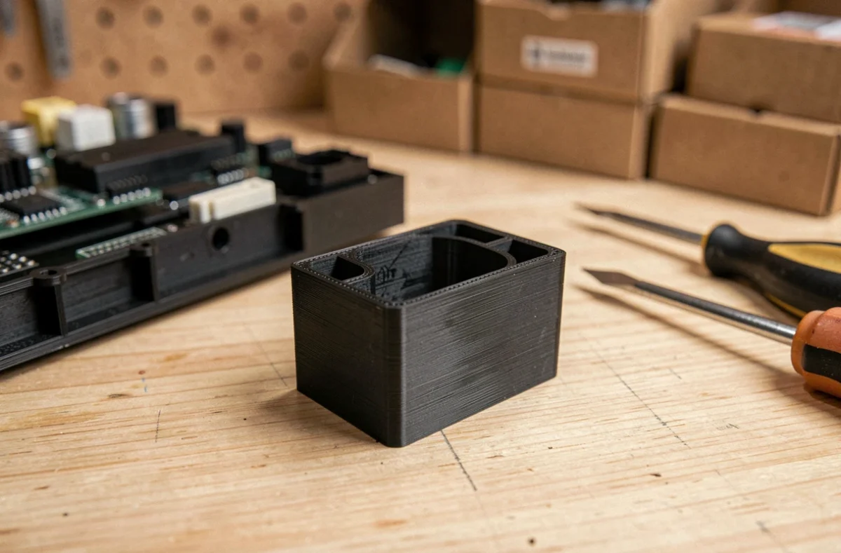 Gros plan d'une pièce boîtier imprimée en 3D en PLA noir sur un établi de réparation électronique