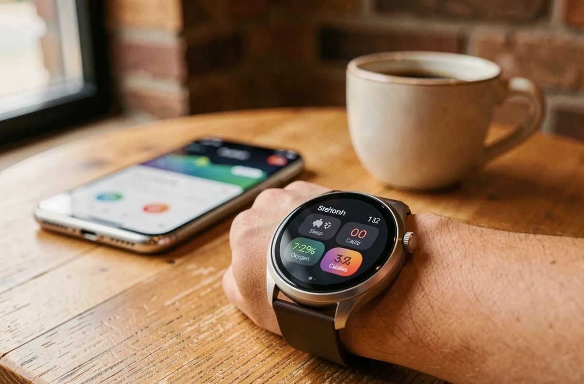 Gros plan d'une montre connectée affichant une application de santé avec métriques de bien-être sur une table