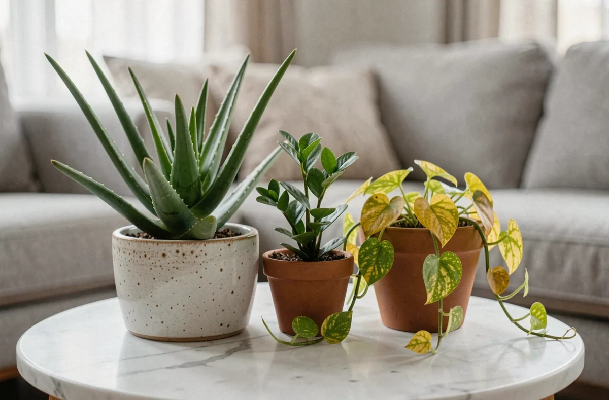 Gros plan de trois petites plantes d'intérieur faciles à entretenir sur une table en marbre blanc dans un salon décoré avec goût